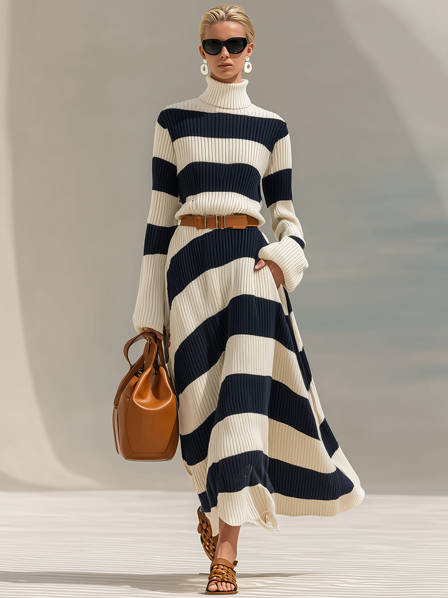 Robe Maxi Tricotée Élégante à Manches Longues - Col Haut en Rayures Contrastées Bleu Marine et Blanc