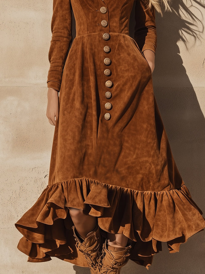 Robe Maxi Vintage Western en Faux Suède Caramel avec Volants