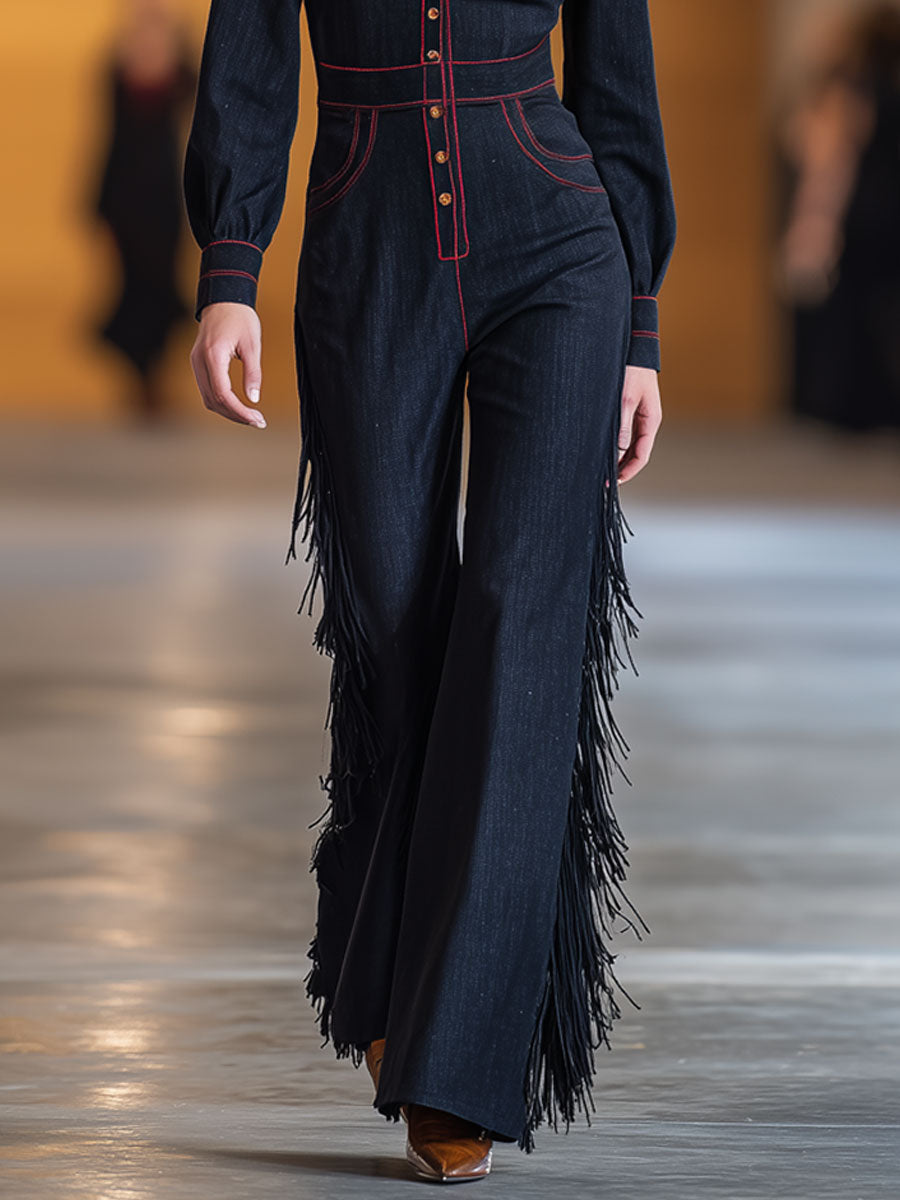 Salopette Évasée en Denim Bleu Marine à Franges avec Coutures Rouges Rétro et Manches Longues