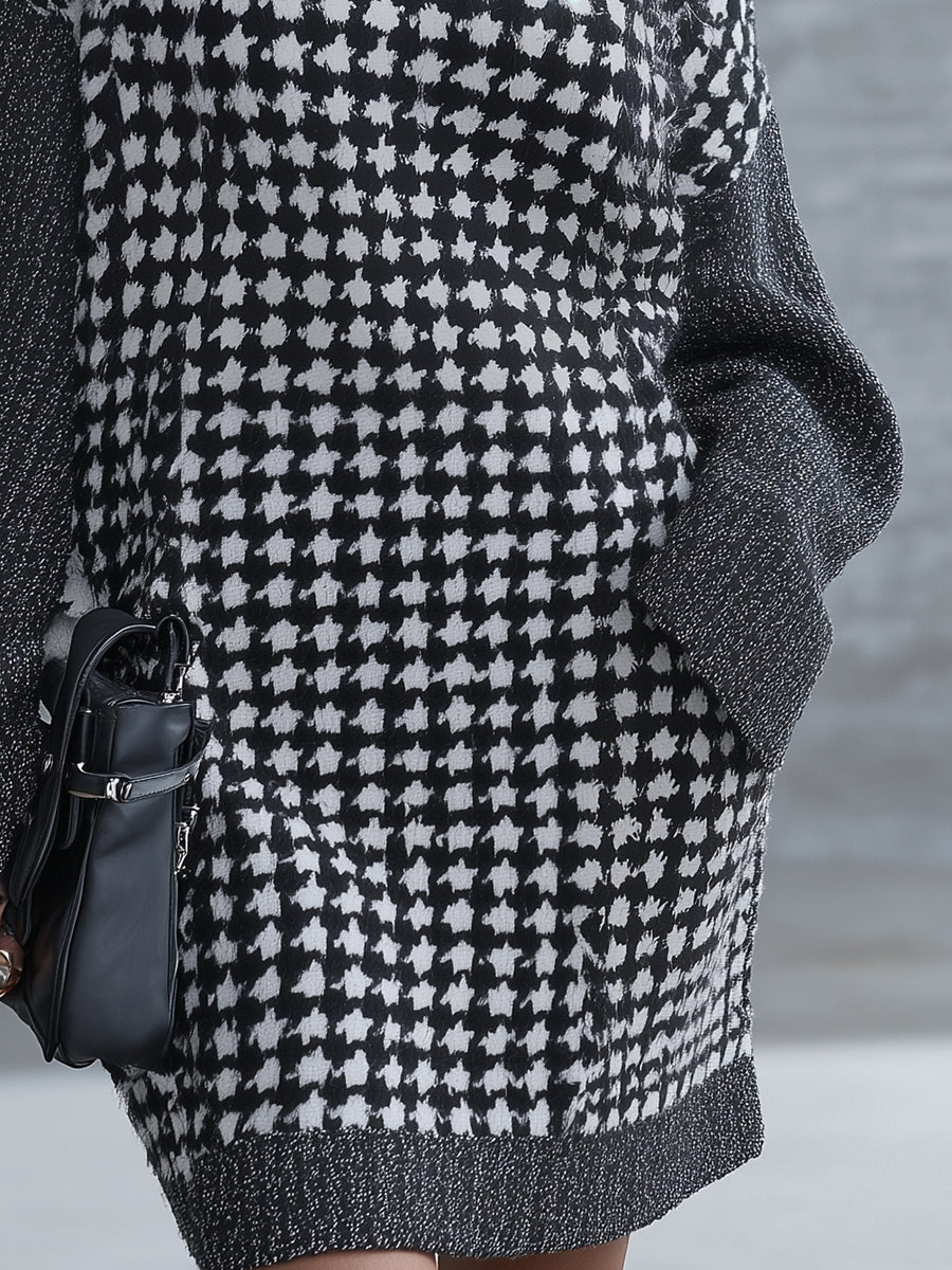 Robe Mini en Tricot Chic à Col Montant - Élégante Motif Pied-de-Poule Grise