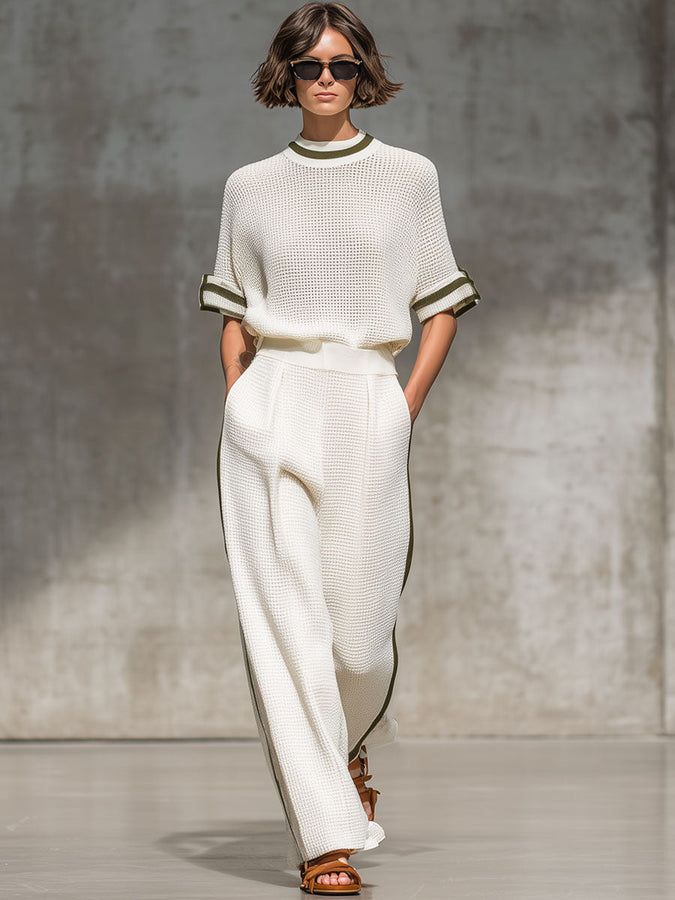 Ensemble Vintage : Chemise Tricotée Blanche à Manches Courtes et Pantalon à Jambes Larges