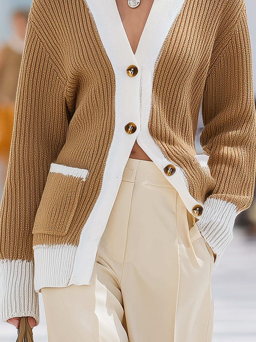 Chic Cardigan Tricoté en Harmonie de Marron et Blanc