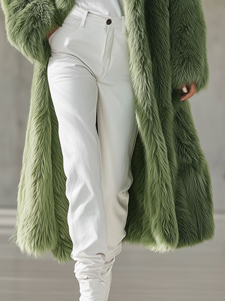 Veste Longue en Fourrure Synthétique Verte au Style Rétro