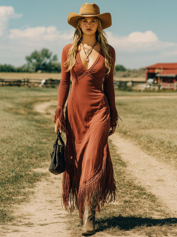 Robe Maxi Rouge Brique Rétro avec Manches Longues et Franges