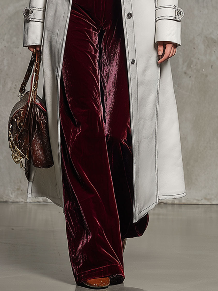 Long White Faux Leather Coat with Retro Fur Collar - Effortlessly Chic