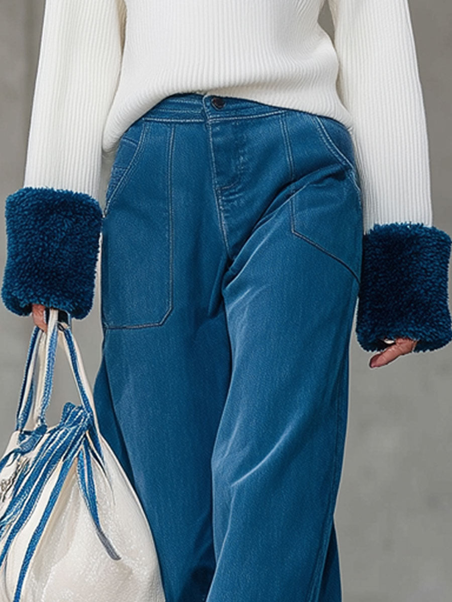 Pull Rétro en Polaire Blanc à Col Roulé avec Détails Contrastés