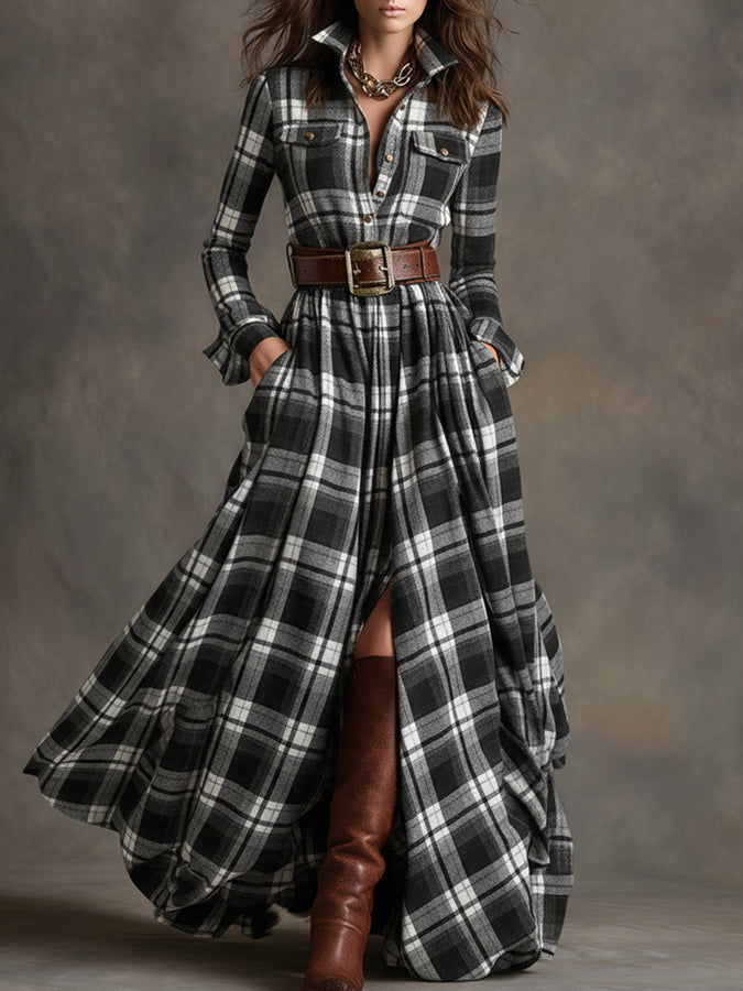 Robe Maxi Ethnique Rétro à Motifs Carreaux Marron et Rouge