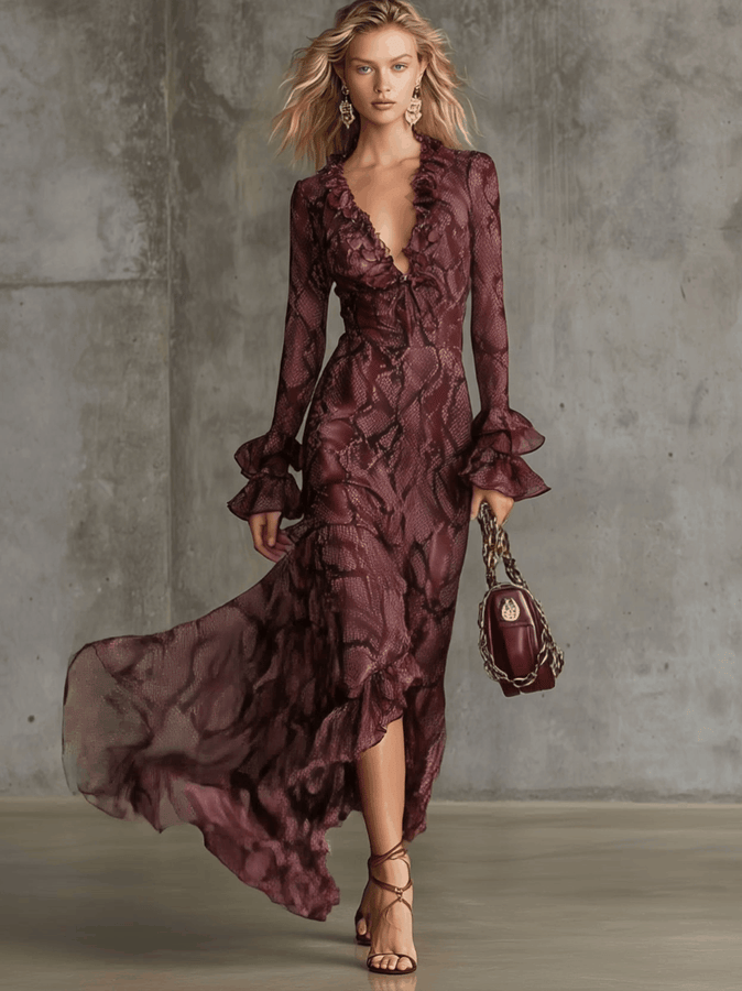 Élégante Robe Maxi Longue en Chiffon Éléphant avec Motif Serpent Bordeaux