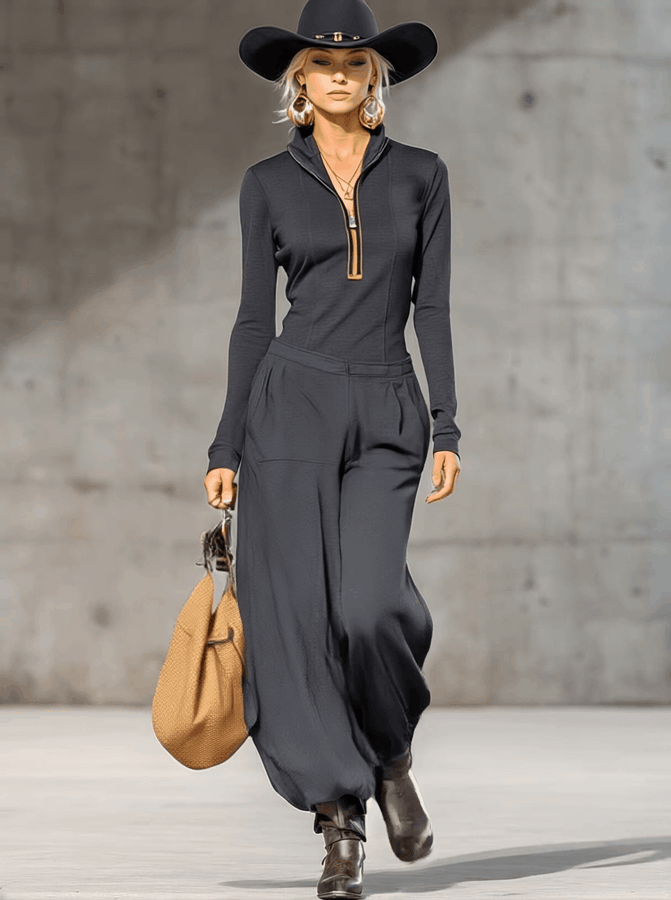 Ensemble Sportif Rétro en Gris Foncé avec Col Mi-Haut, Zip Avant et Pantalons Amples