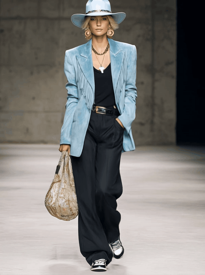 Veste en Suède Bleu Clair au Style Vintage Western avec Franges Élégantes