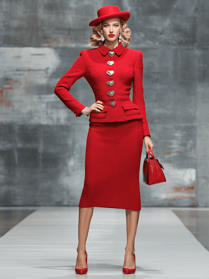 Ensemble Chic et Moderne : Haut et Jupe Texturée Rouge avec Détails en Bouton Cœur
