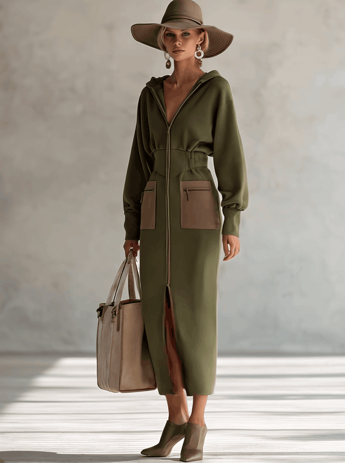 Robe Maxi Élégante à Manches Longues et Capuche - Vert Olive, Silhouette Ajustée