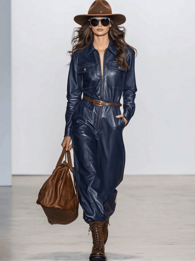 Combinaison Rétro en Similicuir Bleu Foncé à Manches Longues avec Détails à Lacets et Pantalon Large