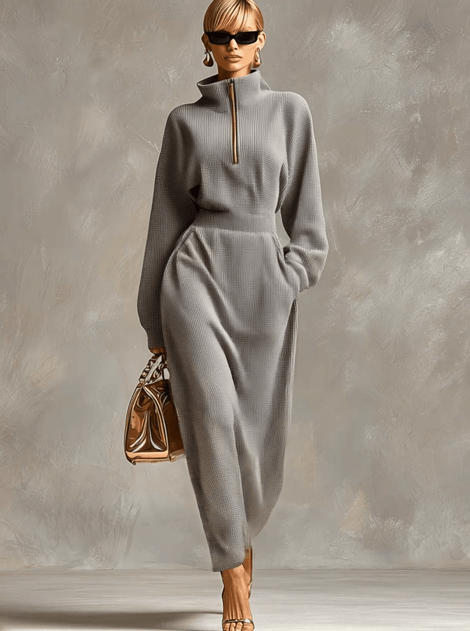 Robe Maxi Waffle Gris Clair : Élégance à Col Revers et Manches Longues avec Fermeture Éclair