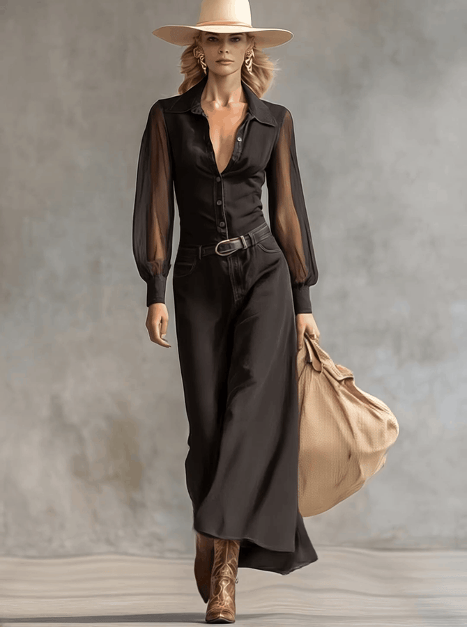 Robe Maxi en Denim Noir Transparent à Manches Longues et Décolleté en V avec Détails Boutonnés Vintage