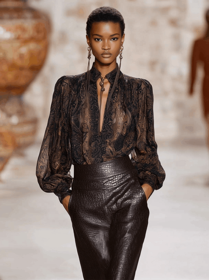Chemise Longue Imprimée à Manches avec V-Cou en Mocha Premium