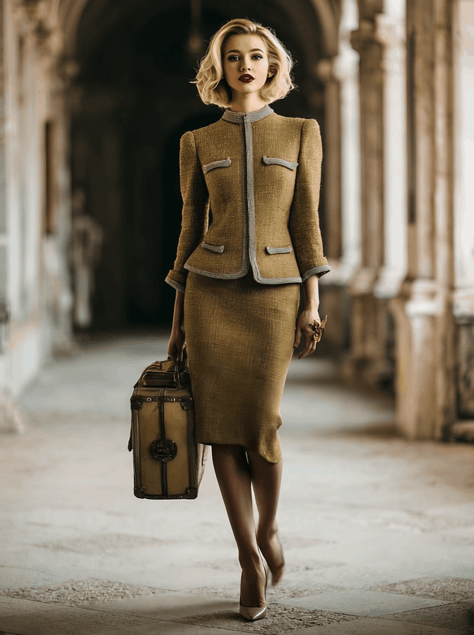 Élégante Veste et Jupe en Tweed Doré Vintage