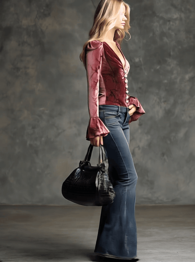 Chemise Vintage en Velours Rose à Manches Longues Évasées avec Imprimé Crocodile et Col en V