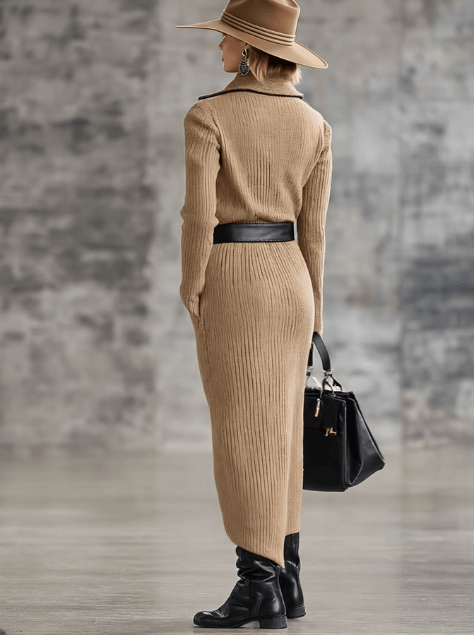 Robe Midi Camel en Tricot avec Détails Lacés Vintage