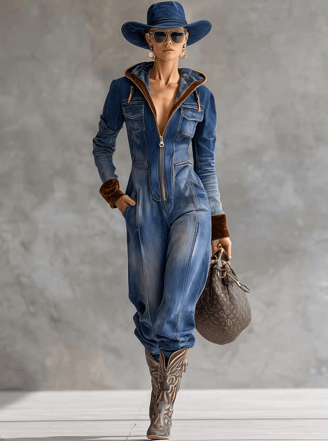 Combinaison Vintage en Jean Bleu avec Capuche, Col en V et Détails en Velours