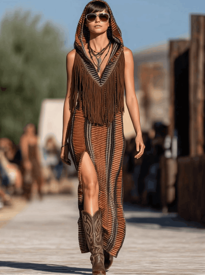 Robe Maxi Tricotée à Capuche avec Franges - Style Western Rétro à Rayures Colorées, Expédition en 24 Heures!