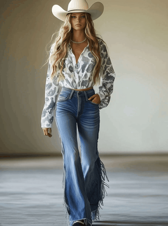 Jean Évasé Vintage Bleu avec Franges