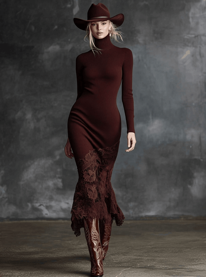Robe Maxi Bordeaux en Tricot avec Col Montant et Ourlet en Dentelle Élégante