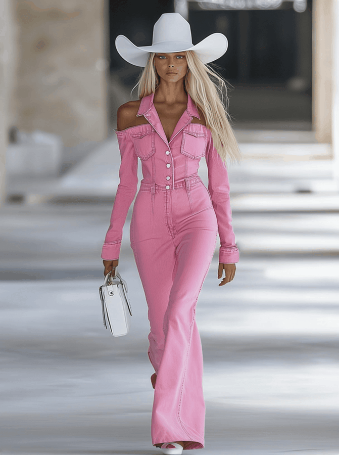 Combinaison en denim rose tendance, personnalisable, avec col décolleté et manches longues évasées