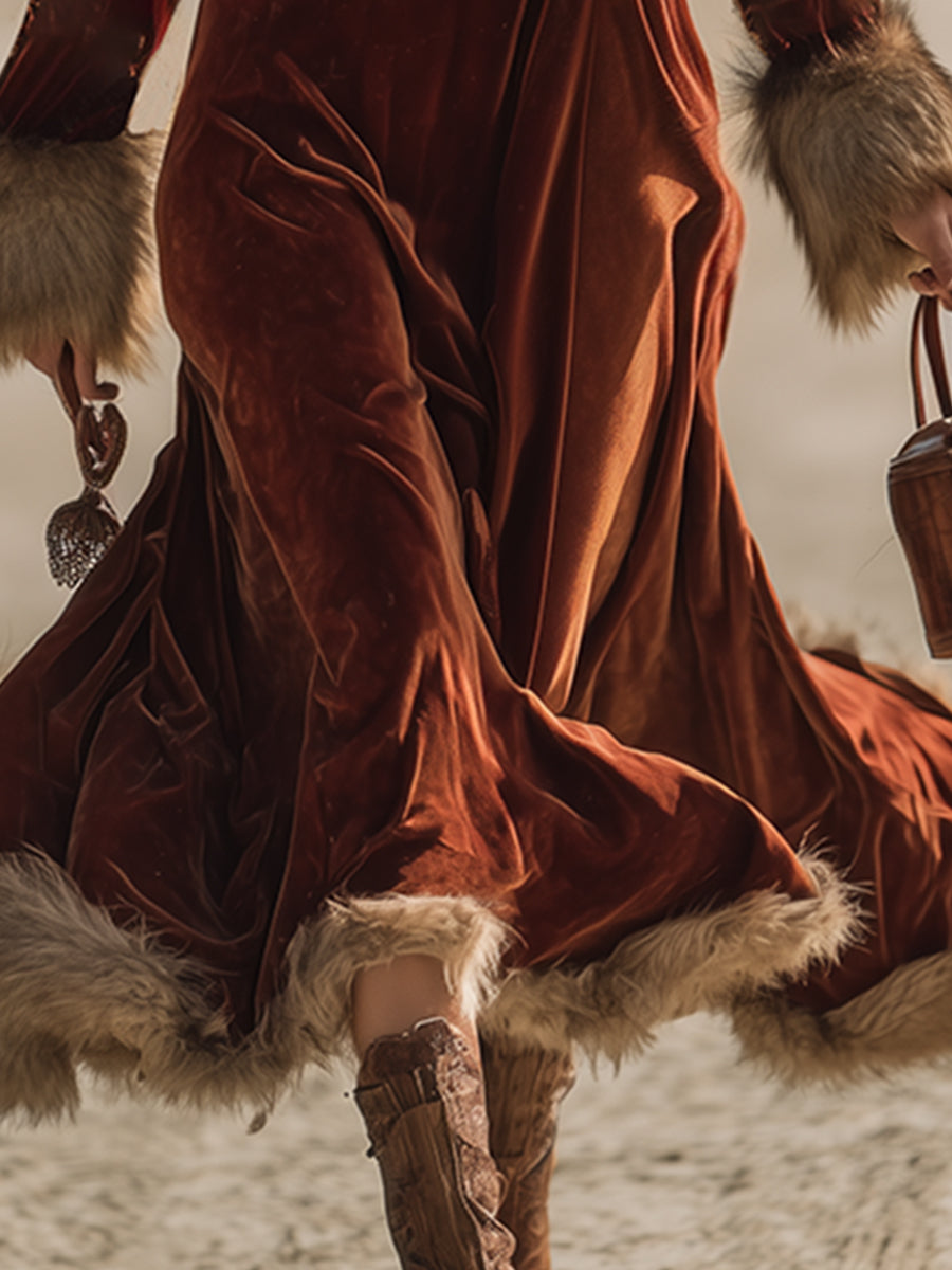 Robe Maxi Vintage en Velours Caramel avec Détails en Fausse Fourrure