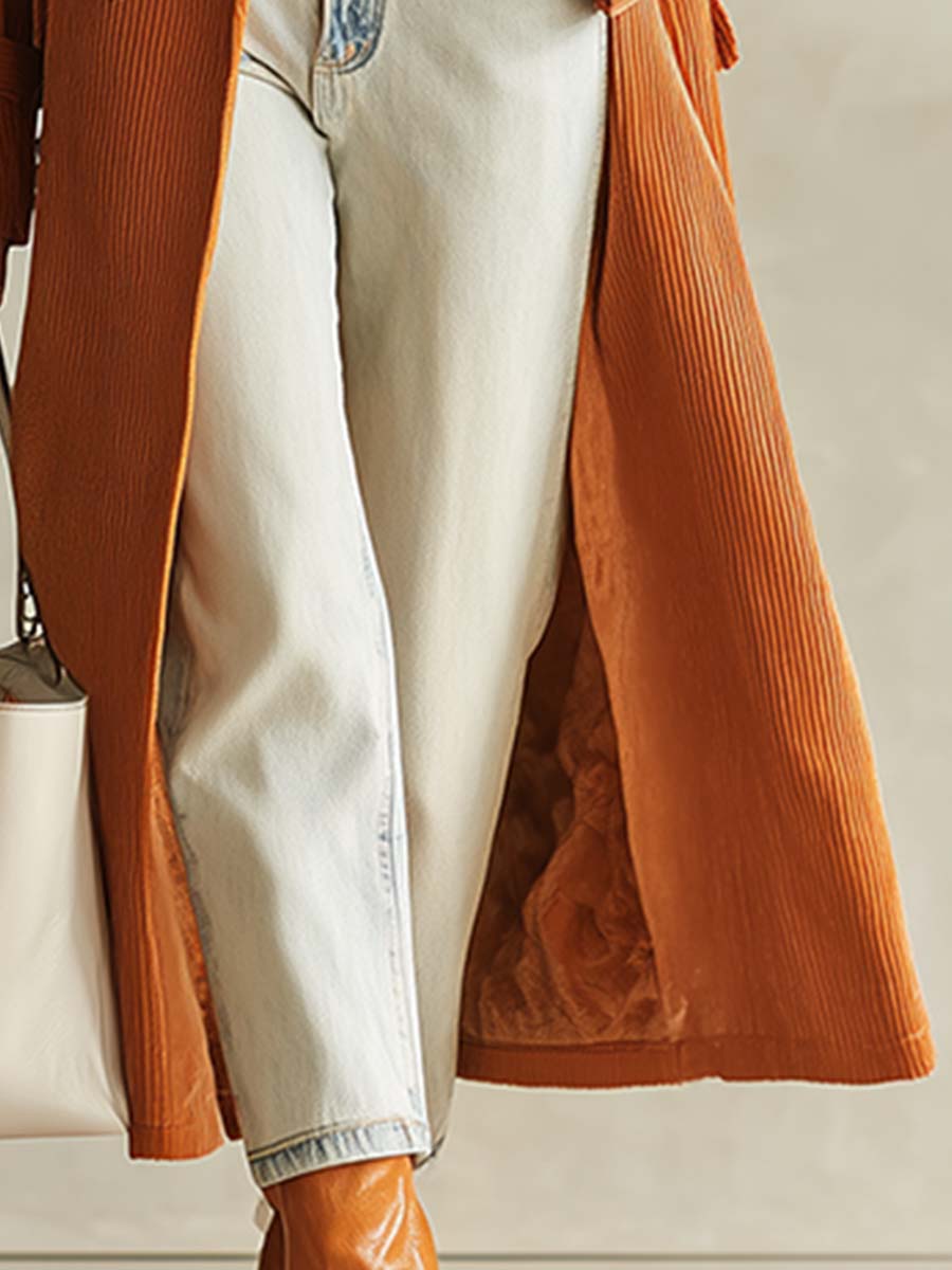 Veste mi-longue en velours côtelé orange, doublée en polaire chic et chaleureuse