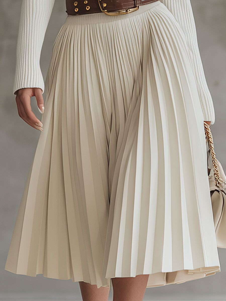 Robe Midi Plissée en Coton Tricoté - Élégance Décontractée en Blanc Crème