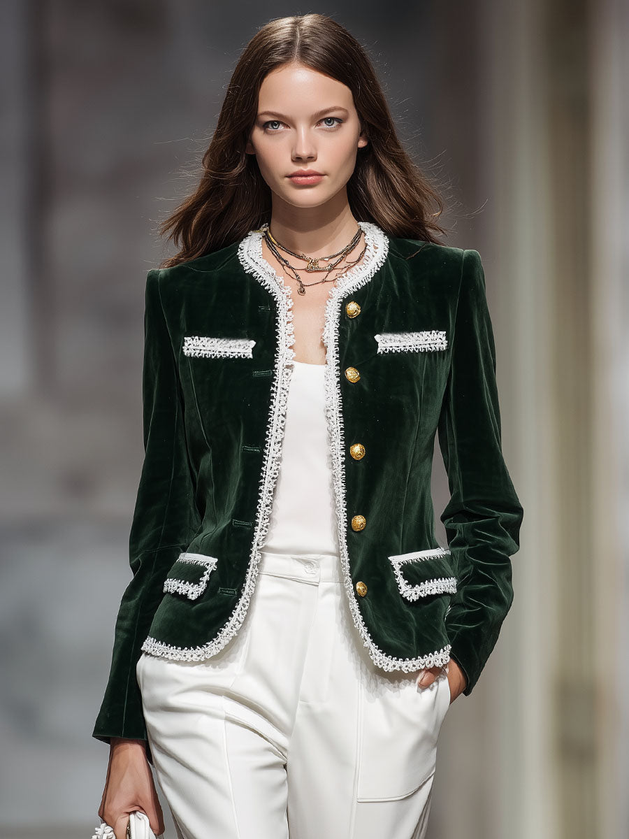 Veste en Velours Élégante à Col Ronde, Boutonnage Pratique et Poches Multiples