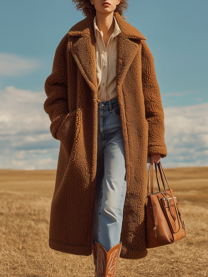 Veste Longue en Sherpa avec Col Oversized - Style Rétro Classique en Couleur Unie