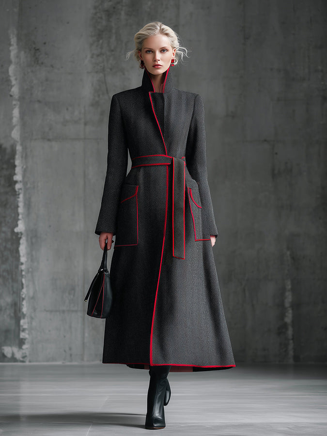Chic Manteau en Laine Gris à Chevrons avec Détails Rouges Élégants