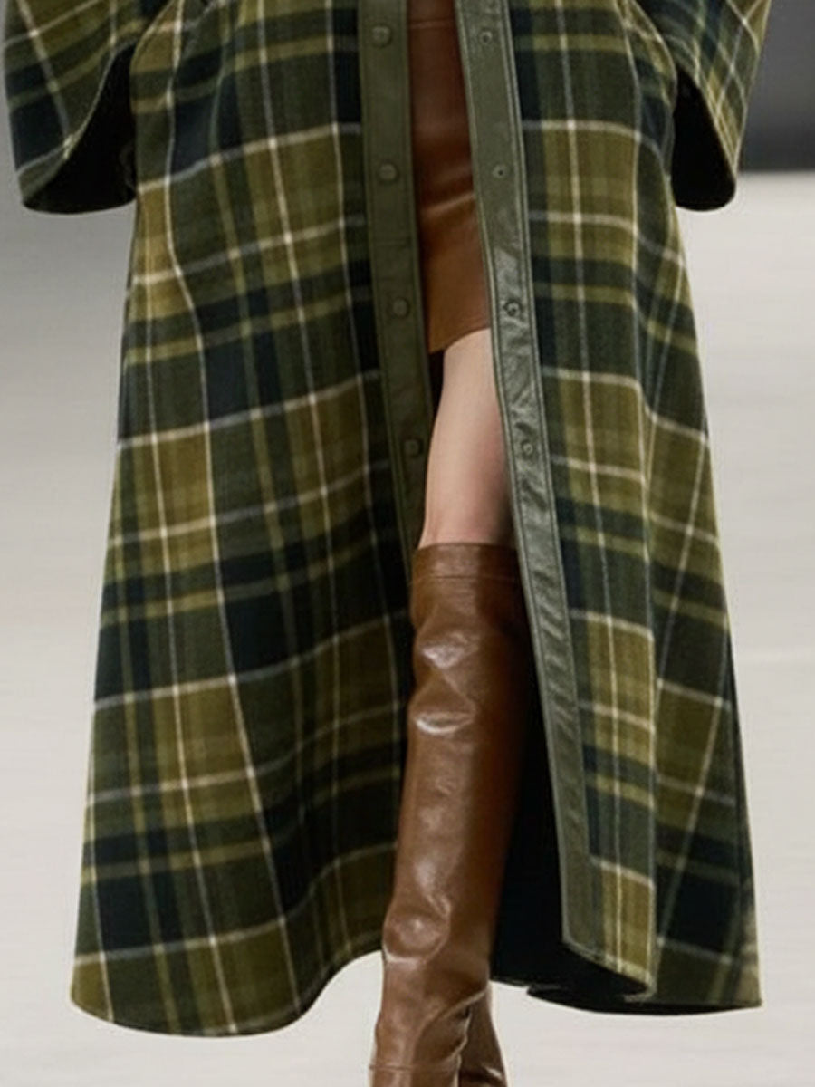 Longue Manteau en Laine à Carreaux Verts avec Bordure Rétro en PU
