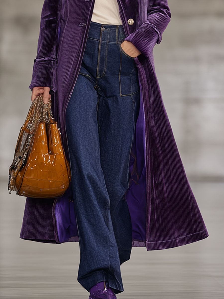 Veste Longue en Velours Côtelé Violet Rétro avec Col en Fourrure Écologique