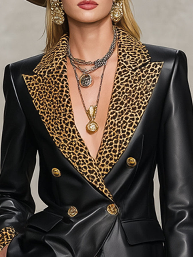 Blazer Casual en Simili Cuir avec Motif Léopard