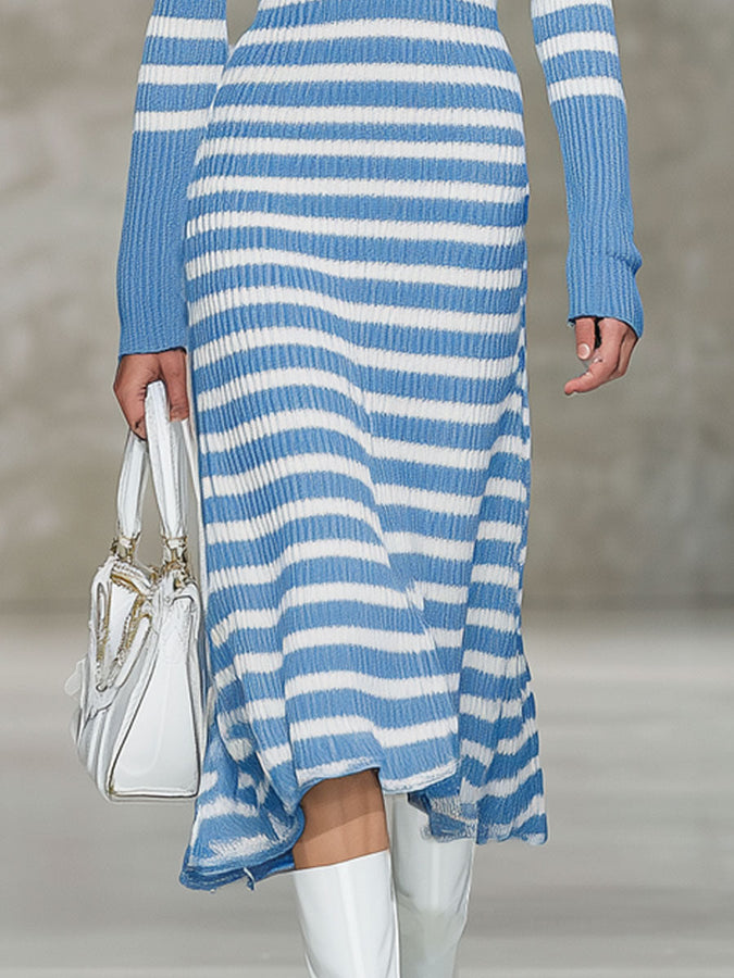 Robe Midi Rayée Rétro en Tricot Bleu et Blanc avec Zip Partiel
