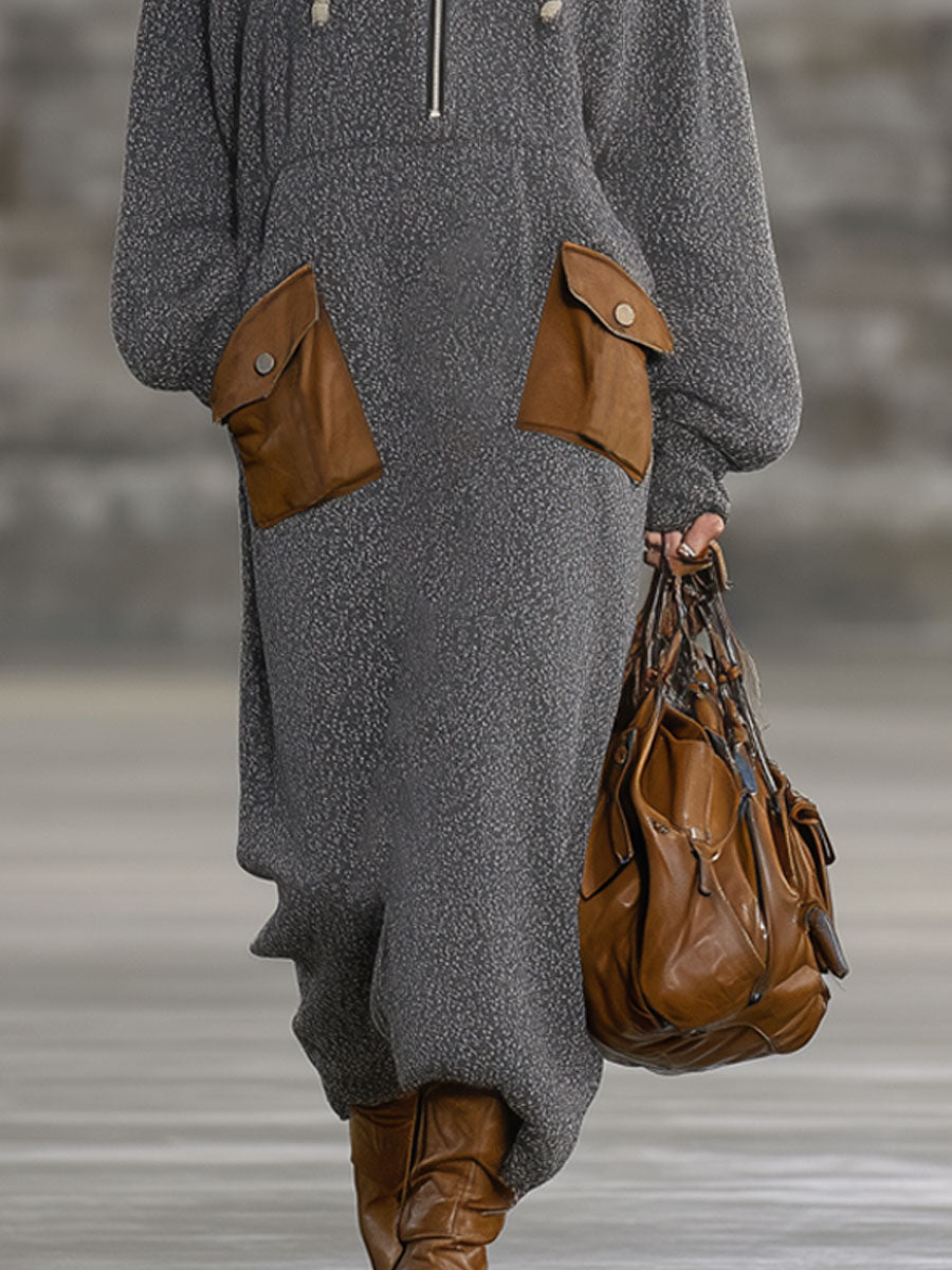 Robe Maxi Vintage à Capuche Grise : Élégance Décontractée