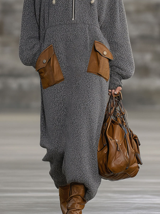Robe Maxi Vintage à Capuche Grise : Élégance Décontractée
