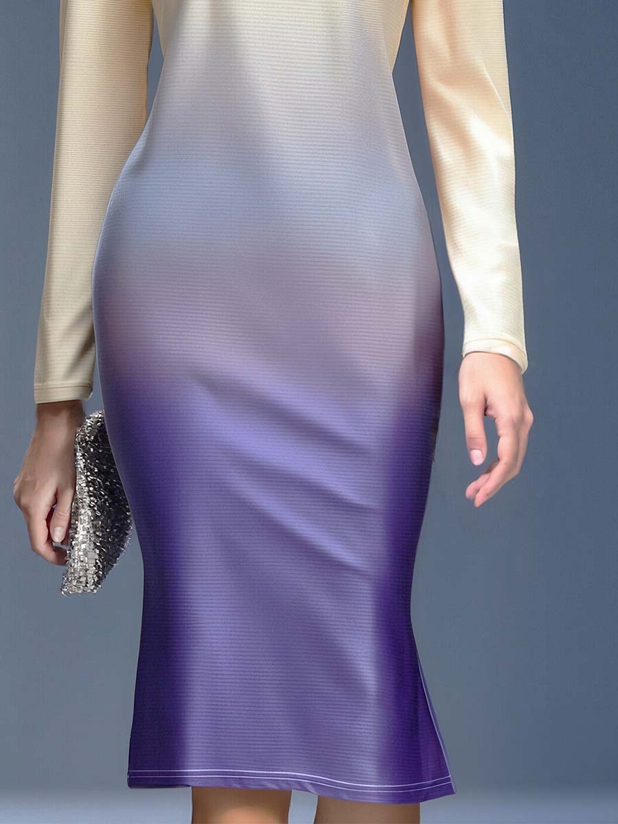 Robe Midi Élégante à Motif Floral 3D en Dégradé Beige et Violet