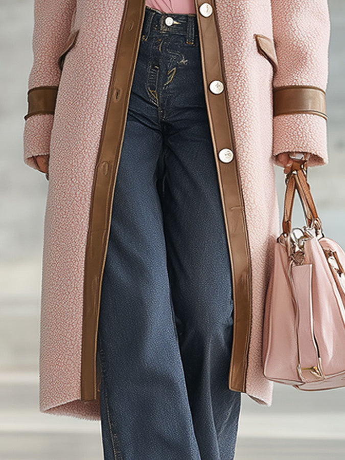 Long Fleece Coat in Pink with Brown PU Details - Retro Western Style