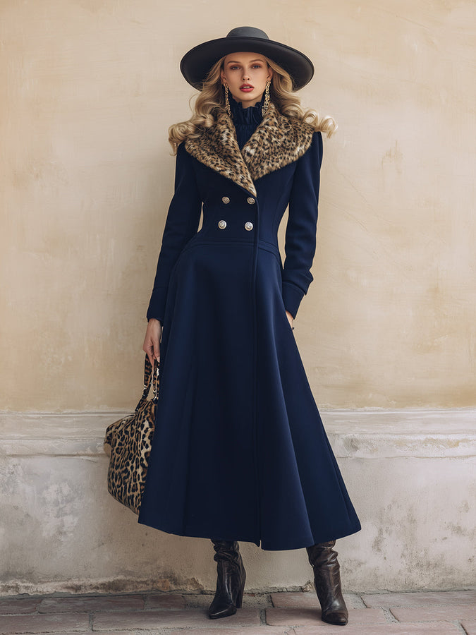 Veste en Laine Bleu Marine avec Col en Fausse Fourrure Imprimé Léopard : Élégance et Chic