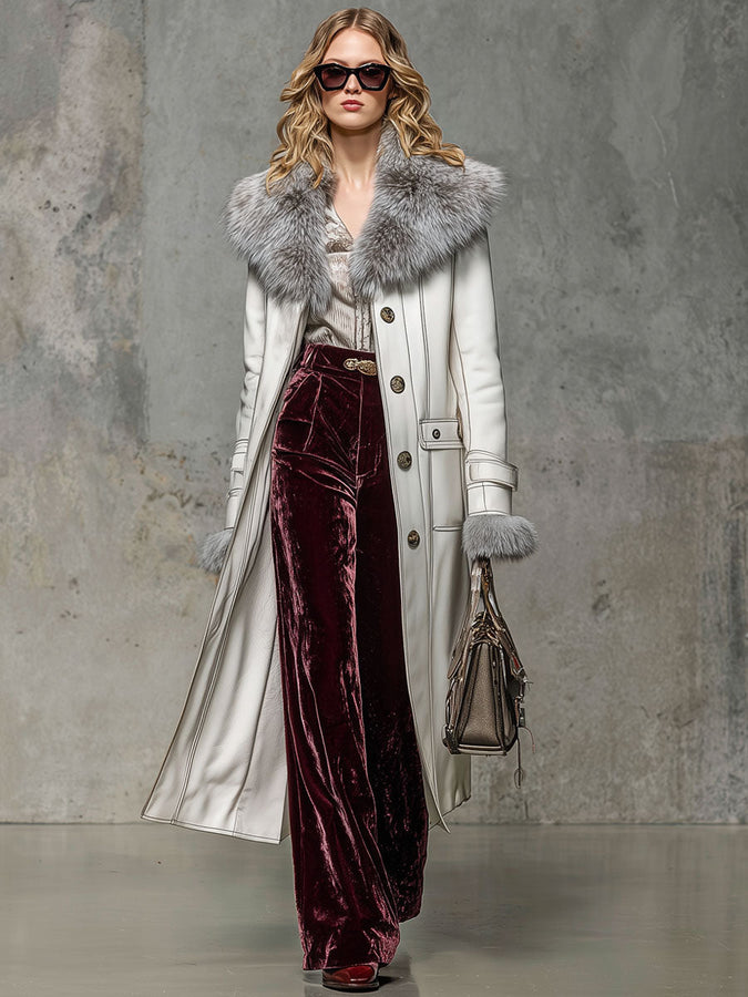 Veste Longue en Similicuir Blanc avec Col en Fourrure Synthétique au Style Rétro