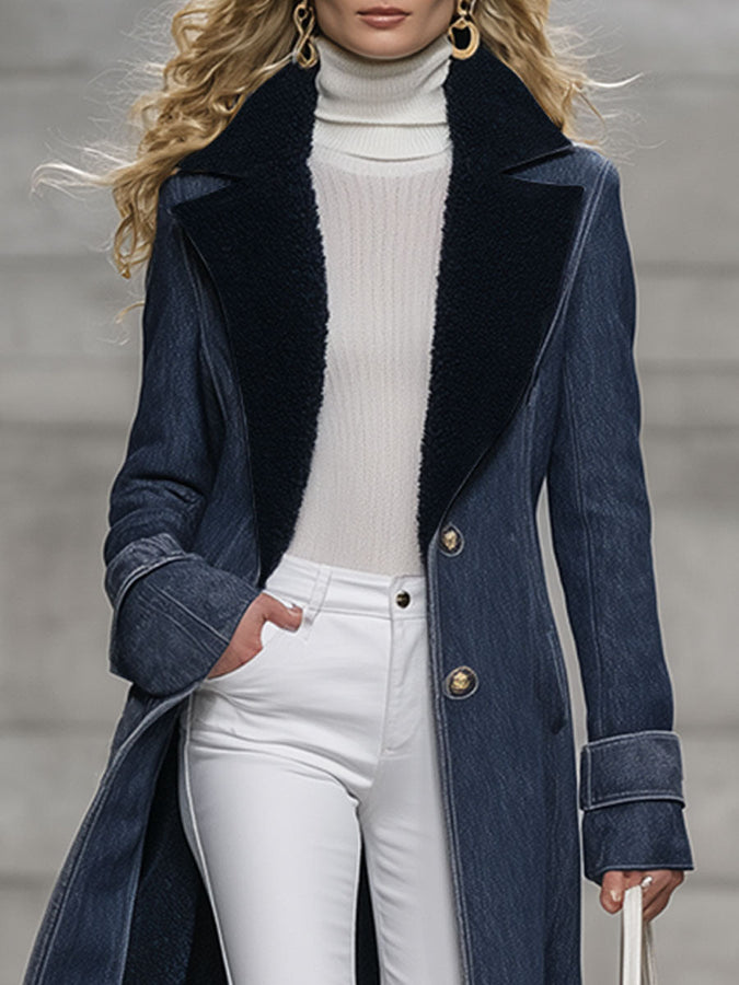 Veste en Jean Vintage Casual Doublée en Polaire Bleu Marine