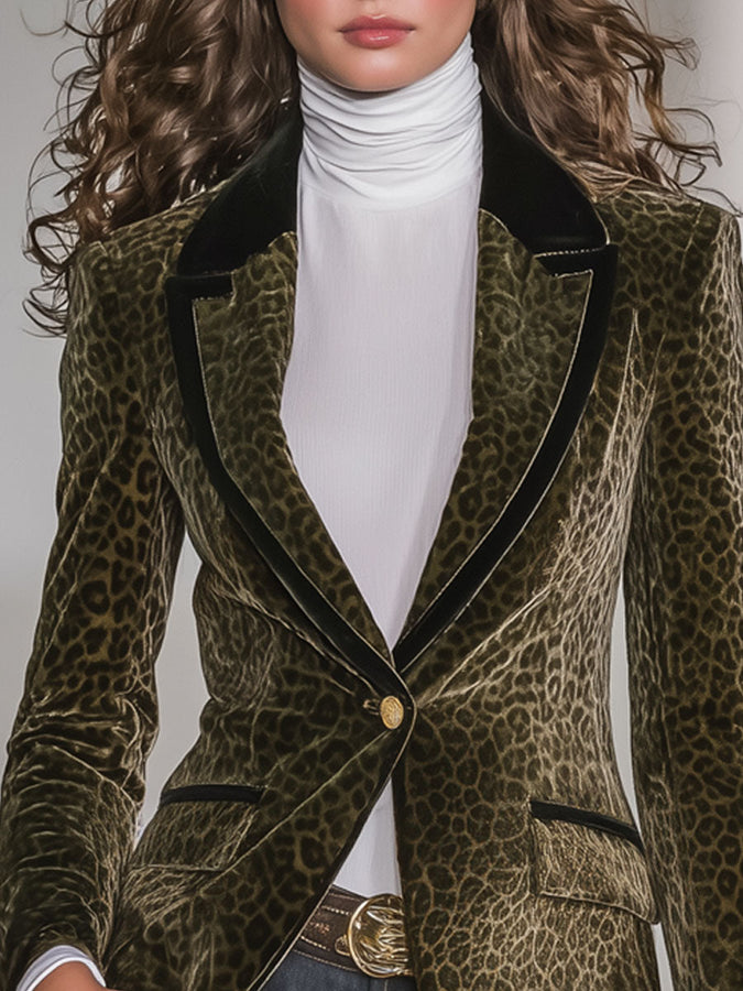 Veste en Velours Léopard Rétro avec Détails Contrastants