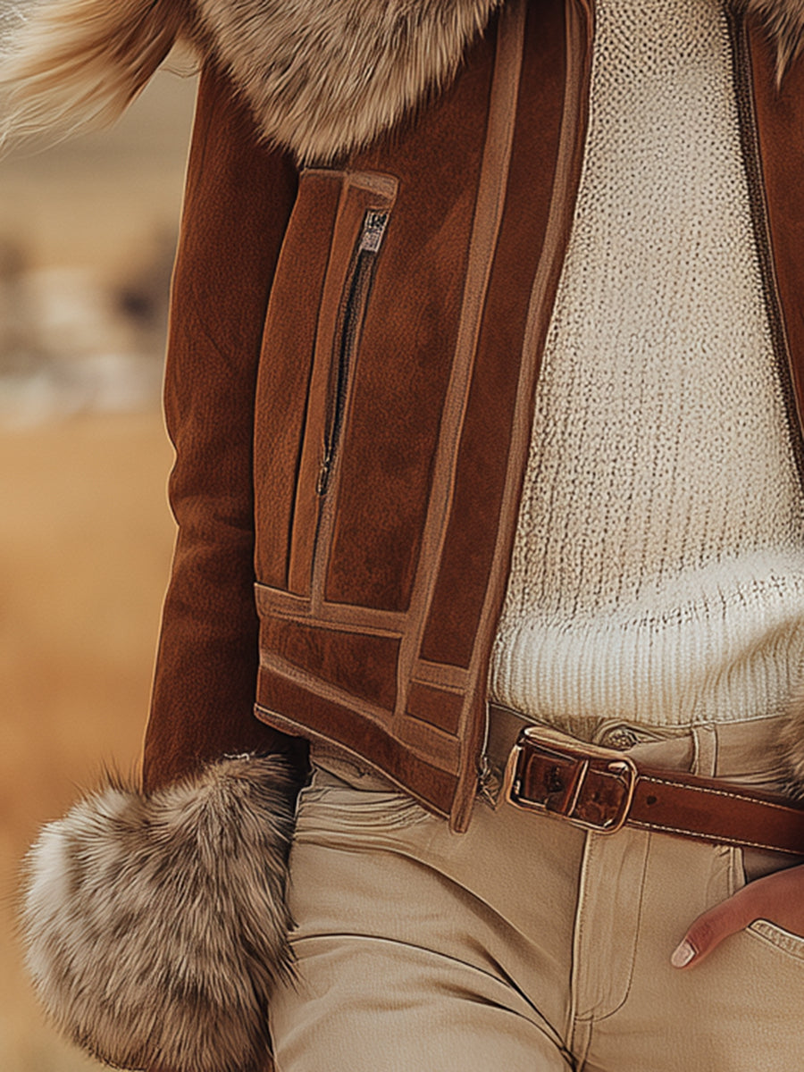 Veste en Suédine Marron au Style Vintage Western avec Finitions en Peluche