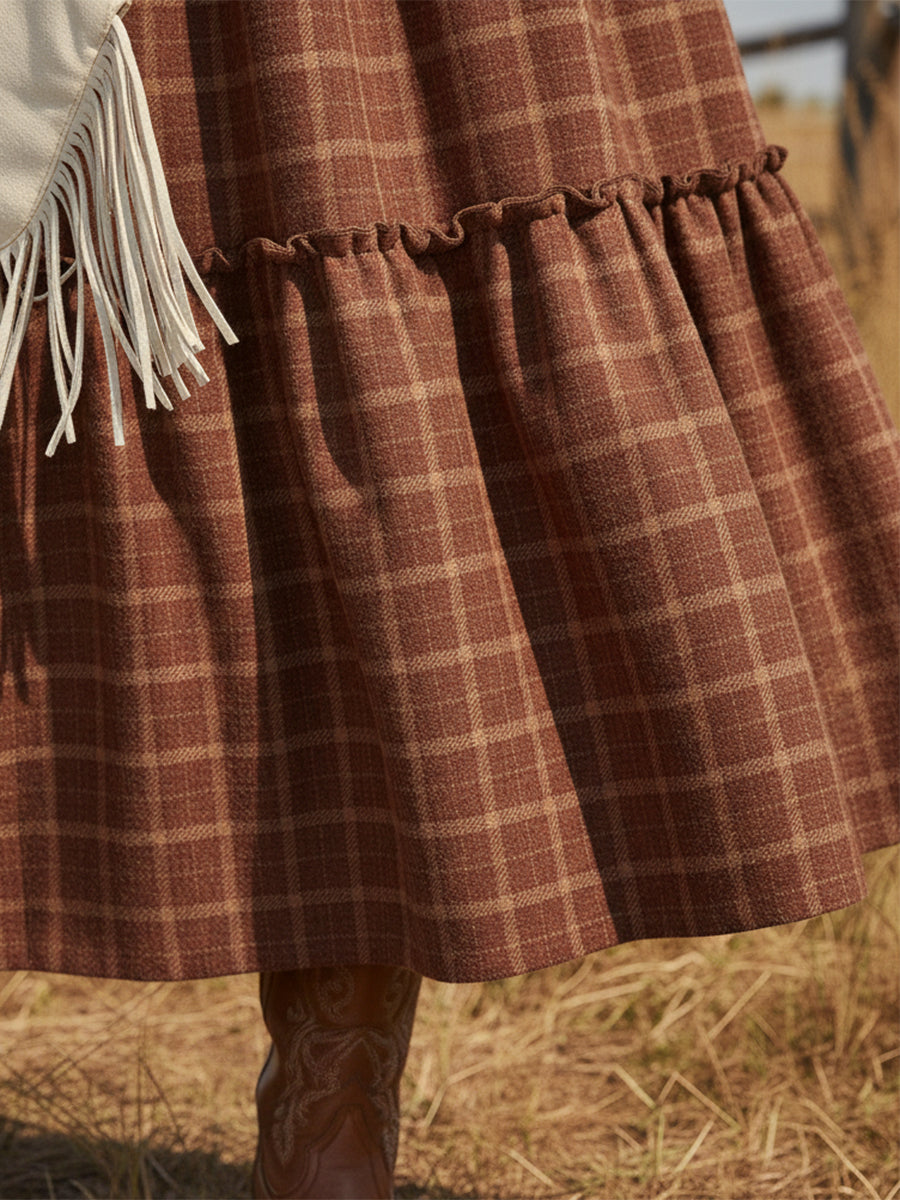 Robe Maxi Boutonnée en Plaid Rouge Rouille avec Col Rond