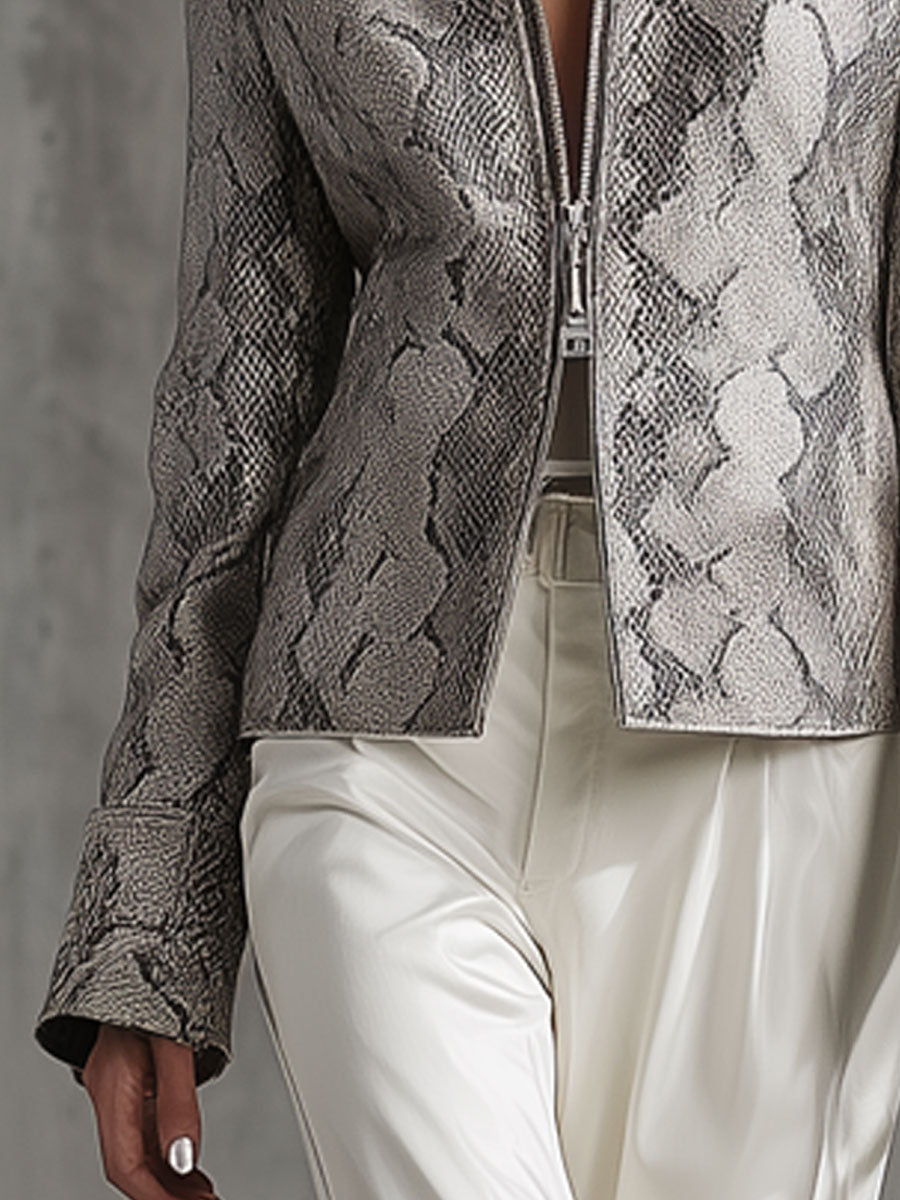 Veste Vintage en Simili Cuir avec Double Fermeture Éclair et Col en Fourrure Synthétique Imprimé Serpent Gris