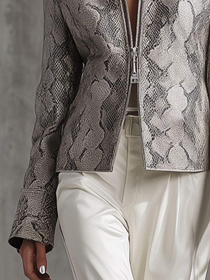 Veste Vintage en Simili Cuir avec Double Fermeture Éclair et Col en Fourrure Synthétique Imprimé Serpent Gris